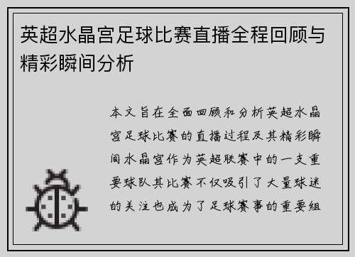 英超水晶宫足球比赛直播全程回顾与精彩瞬间分析